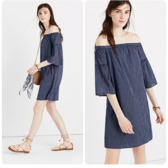 Madewell Women’s Navy Blue Pinstripe Off the Shoulder Bell Sleeve Dress Size 14 - Picture 2 of 8